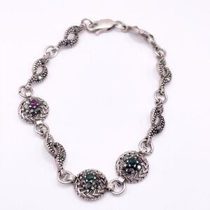 Sterling Silver Bracelet with Green and Purple Glass Accents